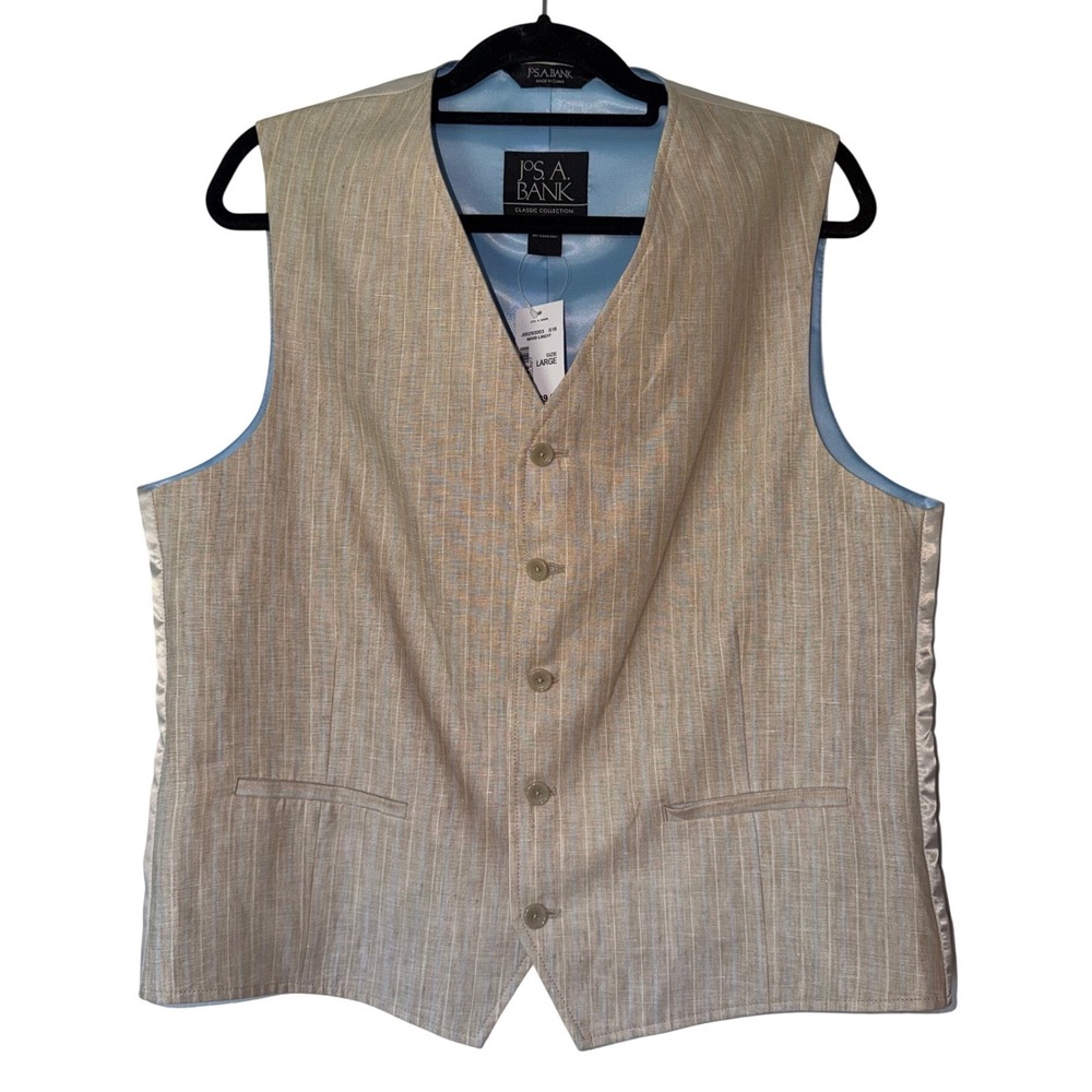 Jos. A. Bank Mens Large Pinstripe Linen Vest Tan Blue Classic Collection NWT